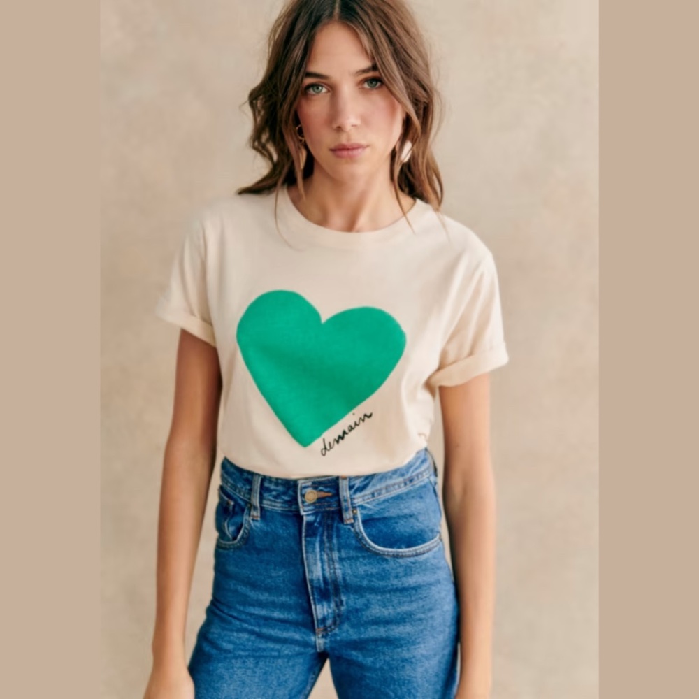 Sézane Coeur Demain T-Shirt Solidarity Creation, Size M, in Cream/Green